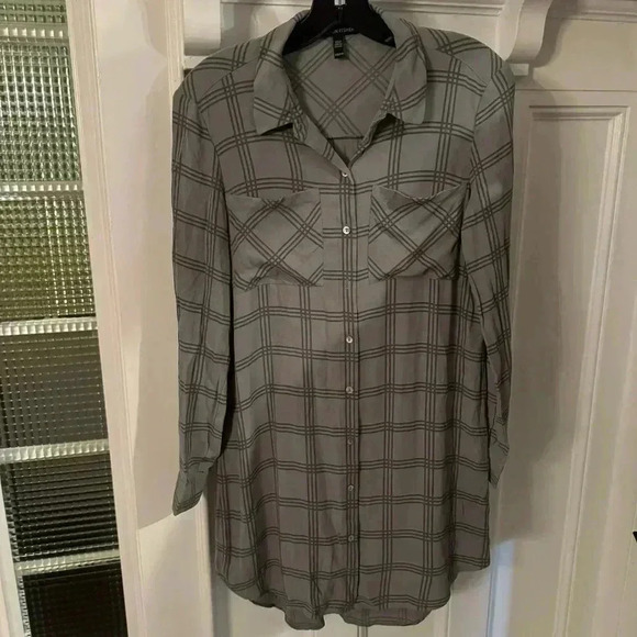 Eileen Fisher silk gray plaid button up short dress size XXS perfect condition - Picture 9 of 9